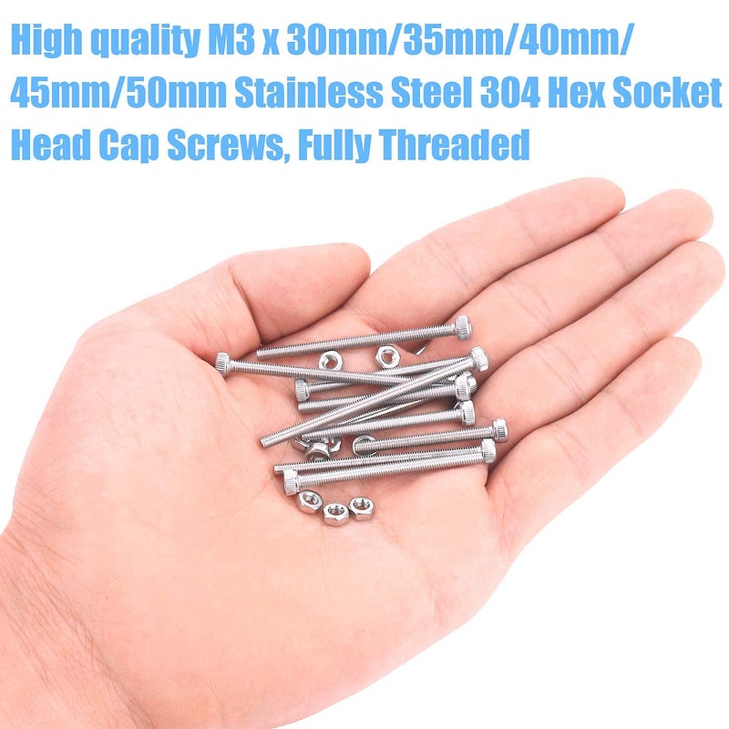 DYWISHKEY 200 Pieces M3 x 30mm/35mm/40mm/45mm/50mm Stainless Steel 304 Hex Socket Head Cap Bolts Screws and Nuts Kit - Image 5